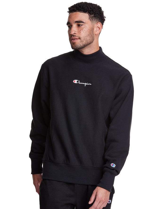 Champion Mens Sweatshirt NZ - Reverse Weave Mock Neck Crew Black ( 2614-DTJZP )